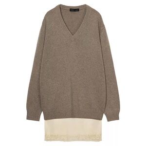 Zara Wool Blend Jumper V-Neck Brown Sweater with Cream Lace